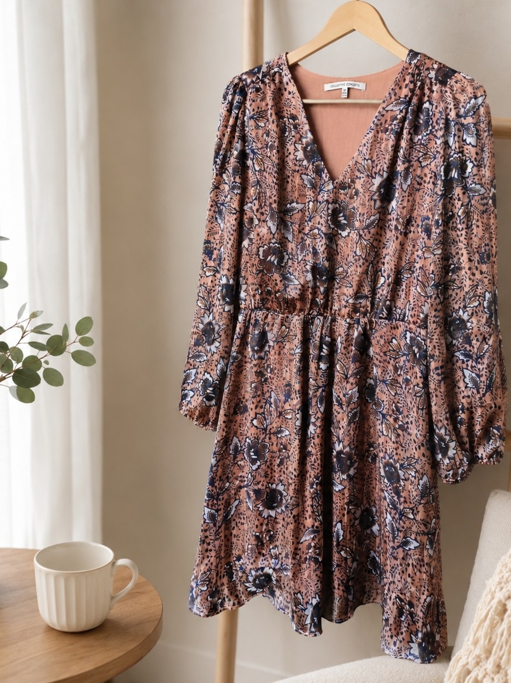 Collective Concepts Mauve Floral V-Neck Long Sleeve Dress